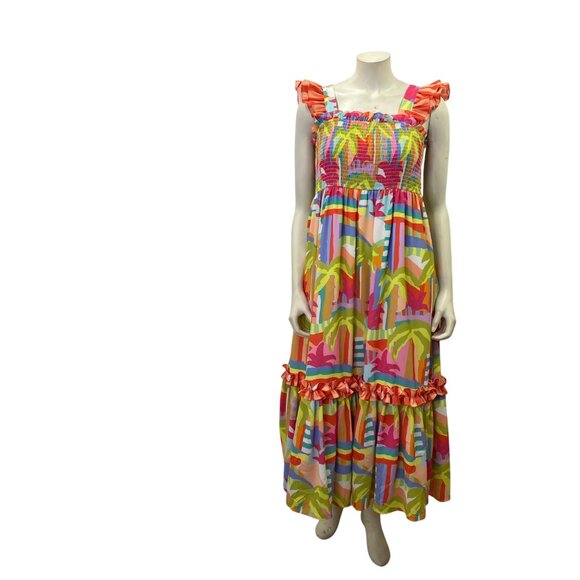 Crosby by Mollie Burch Colorful Smocked‎ Maxi Dress Ruffled Straps & Hem Md - Picture 2 of 10